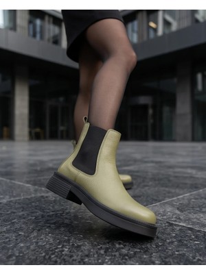 Futsi Shoes Verona Su Yeşili Hakiki Floter Deri Kalın Taban Günlük Şık Kadın Bilek Bot