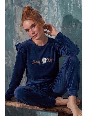 Farya Home Luxury Velvet Fransız Kadife Omuzları Fırfırlı Manşetli Pijama Takımı