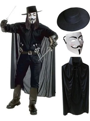 Skygo V For Vendetta Maskesi Şapkası ve Pelerin Kostüm Seti Yetişkin Boy
