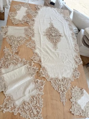 Ceki Home Salon Takımı Çeyizlik Krem Runner Set 5 Parça Kadife Masa Örtüsü Runneri Eva