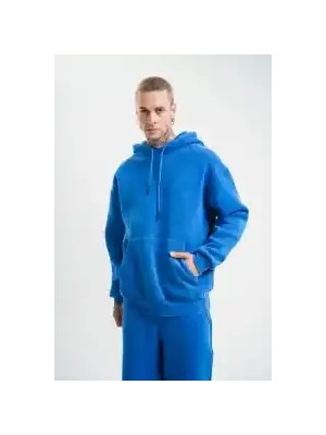 Ayessa Erkek 3 Iplik Pamuklu Oversize Kapüşonlu Yıkamalı Hoodie Sweatshirt - Mavi Mavi - L
