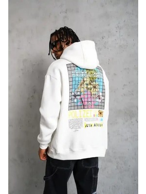 Ayessa Erkek 3 Iplik Pamuklu Kapüşonlu Baskılı Cepli Oversize Sweatshirt Hoodie - Beyaz Beyaz - L