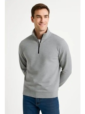 Ayessa Erkek Dik Yaka Yarım Fermuarlı 3 Iplik Pamuklu Sweatshirt - Gri Gri - 2xl