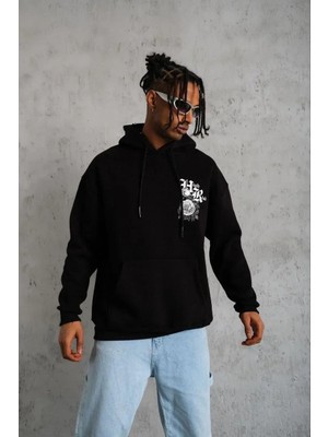 Ayessa Erkek 3 Iplik Pamuklu Kapüşonlu Baskılı Cepli Oversize Sweatshirt Hoodie - Siyah Siyah - Xl