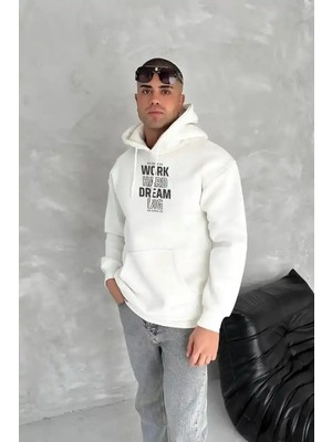 Ayessa Erkek Kapüşonlu Kanguru Cepli Sweatshirt 3 Iplik Pamuklu Baskılı Hoodie - Beyaz Beyaz - Xl