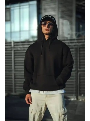 Ayessa Erkek 3 Iplik Pamuklu Kapüşonlu Basic Sweatshirt Hoodie - Siyah Siyah - 2xl