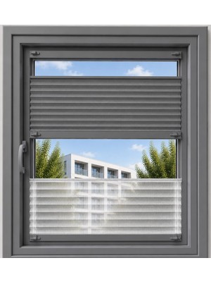Sineklikstore Gri Perde + Tül Çift Sistem Plise Perde - Cam Balkon Perdesi - Ofis Perdesi - Mutfak Perdesi - Salon Perdesi
