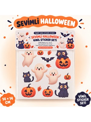 Tişört Kodu Sevimli Halloween Vinil Sticker Seti – Hayalet, Kara Kedi ve Balkabağı
