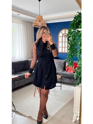 Pileli Store Kadın Uzun Kollu Yakalı Düğmeli Mini Ithal Krep Elbise