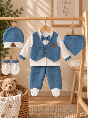 Simurg Baby Yıldız Desenli Mavi Bebek Hastane Çıkışı Seti 5'li Yenidoğan Zıbın Takımı