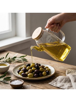 Üstüner 1000ML Bambu Kapaklı Cam Yağlık ve Sirkelik – Dayanıklı ve Şeffaf Sıvı &amp; Mutfak Için Hassas Sıvı Ölçüm ve Saklama Çözümü 1000ML - Cam Sürahi Sıvı Ölçü Kabı
