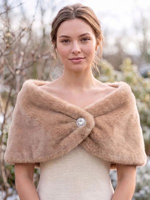 Elegance Scarf Kısa Suni Kürk Etol Gelin Bolero Suni Kürk Bolero Gelin Şalı Omuz Şalı Abiye Şal Bej