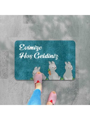 Üstüner M&amp;h QUALITY(362) Dijital Baskılı Kapı Önü Paspas Hoşgeldiniz Yazılı Çiçek Desen ve Tavşan Iç ve Dış Kapı Yıkanabilir Siyah ve Mavi 45 x 70