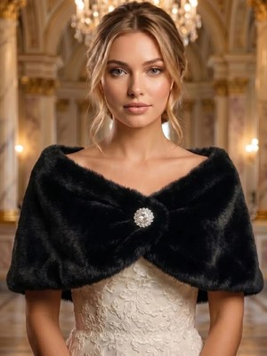 Elegance Scarf Kısa Suni Kürk Etol Gelin Bolero Suni Kürk Bolero Gelin Şalı Omuz Şalı Abiye Şal Siyah
