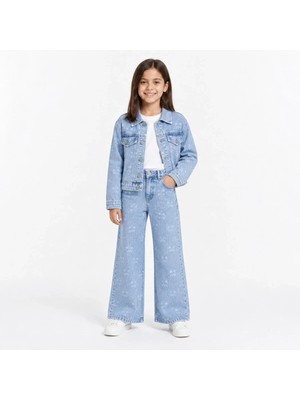 Lugmo Kız Çocuk Lazer Kedi Baskılı Kot Ceket Pantolon Takımı – Geniş Paça 2’li Denim Set