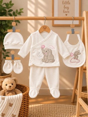 Simurg Baby Fil Desenli Bebek Hastane Çıkışı Seti 5'li Yenidoğan Zıbın Takımı