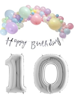 Üstüner Happy Bırthday Yazılı Kaligrafi Banner Makaron Balon Seti 10 Yaş Gümüş Set Doğum Günü