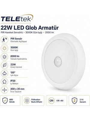 Üstüner 22W 3000K Gün Işığı LED Glob Pır Hareket Sensörlü Beyaz Armatür Ip 20 2000LM