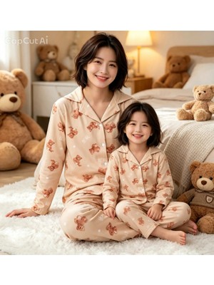NiCe İç Giyim Anne Kız Uyumlu Pijama Takımı Ayıcık Desenli Uzun Kollu Rahat Yumuşak Eğlenceli Ev Giyim Seti (Ayrı Satılır)