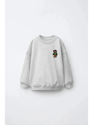 Magu Çocuk Pamuklu Ayıcık Nakışlı Açık Gri Sweatshirt