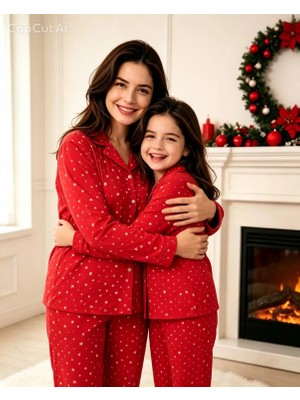 NiCe İç Giyim Anne Kız Pijama Takımı Kırmızı Yıldız Desenli Yumuşak Kumaş Rahat Ev Giyim Seti (Ayrı Satın Alınır)