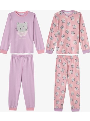 Penti Kız Çocuk Pembe Dainty Kitty Pamuklu Uzun Kollu 2'li Pijama Takımı
