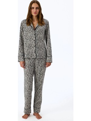 Penti Ekru Noir Garden Leopar Desenli Uzun Kollu Gömlek Pantolon Pijama Takımı