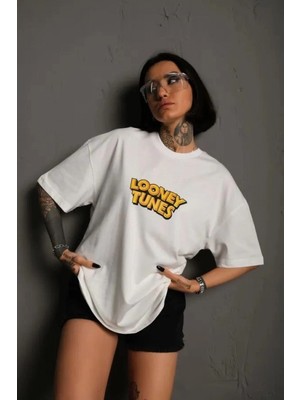 Pileli Store Bisiklet Yaka Baskılı Oversize T-Shirt - Beyaz -