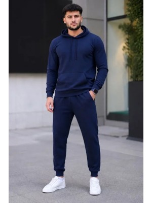 Hazego Erkek Iki Iplik Kapüşonlu Kanguru Cepli Sweatshirt Jogger Pantolon Alt Üst Eşofman Takımı - Lacivert