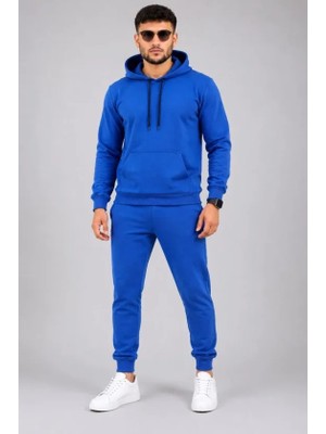 Hazego Erkek Iki Iplik Kapüşonlu Kanguru Cepli Sweatshirt Jogger Pantolon Alt Üst Eşofman Takımı -Saks Mavisi