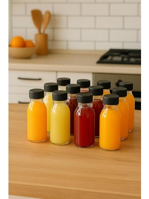 Üstüner 12 Adet 100 ml Kilitli Siyah Kapaklı Şeffaf Detox Shot Şişesi 100 cc Ginger Şat Beyaz Cam Şişe