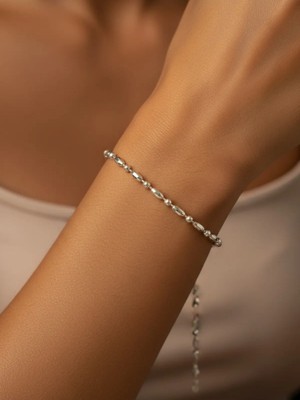 Badem Pirinç Tanesi Motifli Ince Zincir Premium 14K Kaplama Zirkon Taşlı Bileklik