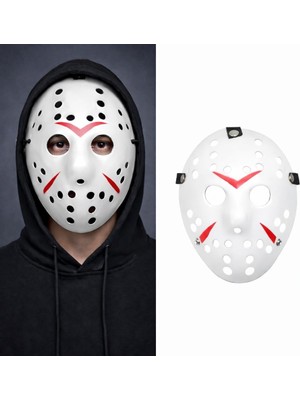 Üstüner Beyaz Renk Kırmızı Çizgili Tam Yüz Hokey Jason Maskesi Hannibal Maskesi