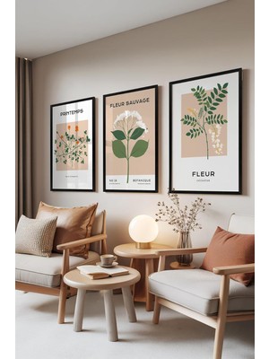 Üstüner Siyah Çerçeveli 3’lü Tablo Seti Printemps – Bej Botanik Stil Ofis Set 30069, 15 x 21