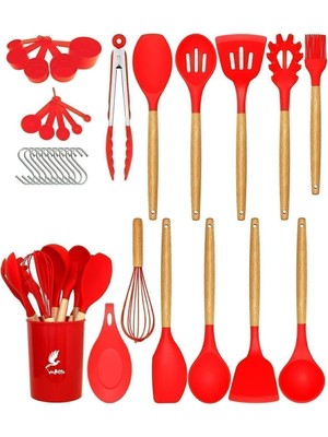 Üstüner Mikla Isıya Dayanıklı Yanmaz Yapışmaz 33 Parça Silikon Spatula Mutfak Seti Kırmızı