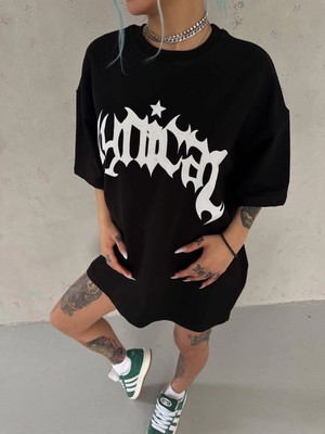 Pileli Store Bisiklet Yaka Baskılı Oversize T-Shirt - Siyah -