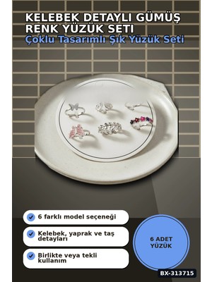 Semel Pirinç 6'li Kelebek Detayli Yuzuk Seti - 7-8 Numara Arasi Gumus Renk Bayan Aksesuari BX-313715
