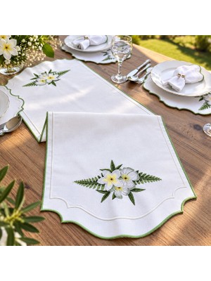 Linoriahome Yeşil Bordürlü Çiçek Nakışlı Duck Keten Runner 100X39 cm