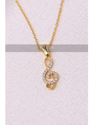 Zirkon Taşlı Gold Renk Sol Anahtarı Model 925 Ayar Gümüş Kolye