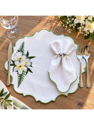 Linoriahome Yeşil Bordürlü Çiçek Nakışlı Amerikan Servis 39X36 cm Duck Keten