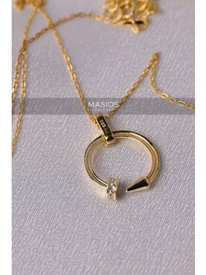 Zirkon Taşlı Gold Renk Minimal Çivi Model 925 Ayar Gümüş Kolye