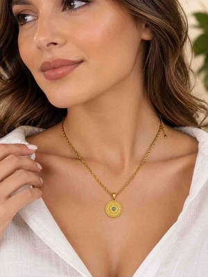 Gold Paslanmaz Çelik Yeşil Taşlı Madalyon Kolye