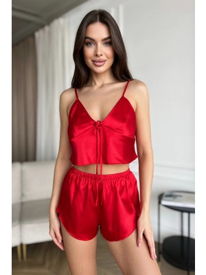 Luna Lora Özel Tasarım Kadın Kırmızı Saten Pijama Takımı Ince Askılı Şortlu