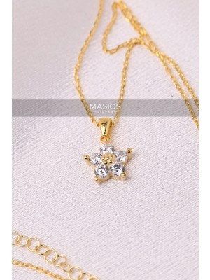 Zirkon Taşlı Gold Renk Manolya Model 925 Ayar Gümüş Kolye