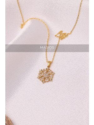 Zirkon Taşlı Gold Renk Işıltılı Kar Tanesi 925 Ayar Gümüş Kolye