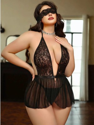 Mylora Trend Büyük Beden Göz Bantlı Siyah Dantelli Seksi Fantezi Babydoll Gecelik