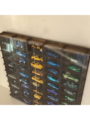 Kazan Hobi Oyuncak, Pleksi Kapaklı 1/64 Ölçek 50ARAÇ Hotwheels Matchbox Metal Araç Uyumlu Model Araba Rafı-Ceviz