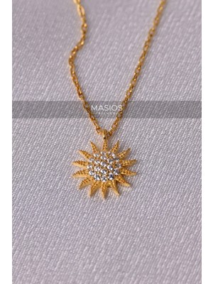 Zirkon Taşlı Gold Renk Işıltılı Güneş Model 925 Ayar Gümüş Kolye