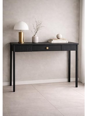 Kazan Hobi Siyah Masif Ahşap Konsol; Pirinç Kulplu, Tek Çekmeceli, Minimalist Dresuar, 120X40X80 cm