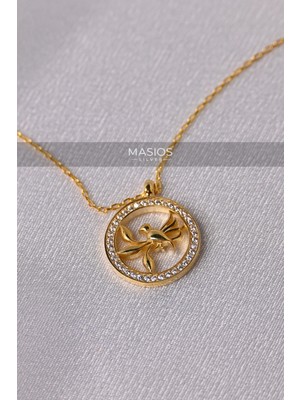 Zirkon Taşlı Gold Renk Barış Kuşu Model 925 Ayar Gümüş Kolye